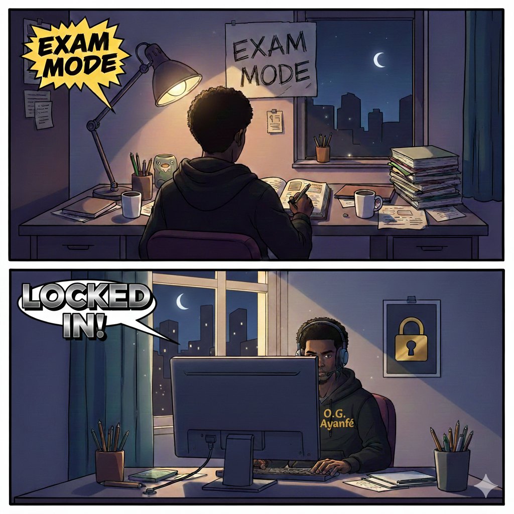 ogayanfe's tweet image. Exams are officially a wrap. 📚🚫

Time to put the books away and head back to the real grind. We’re officially LOCKED IN. 🔒💻🔥