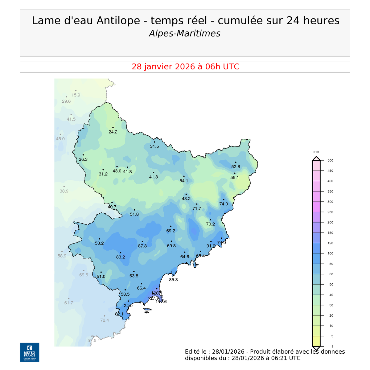 🌧️Pluies remarquables en plein hiver hier et cette nuit sur la Côte d'Azur avec des records de pluie en un jour battus

128.1 mm  à Antibes SAPC, record pour un mois d'hiver --> 116.8mm le 01/12/2019

85.3 mm à Nice, record pour un mois de janvier--> 73.4 mm le 10/01/1994