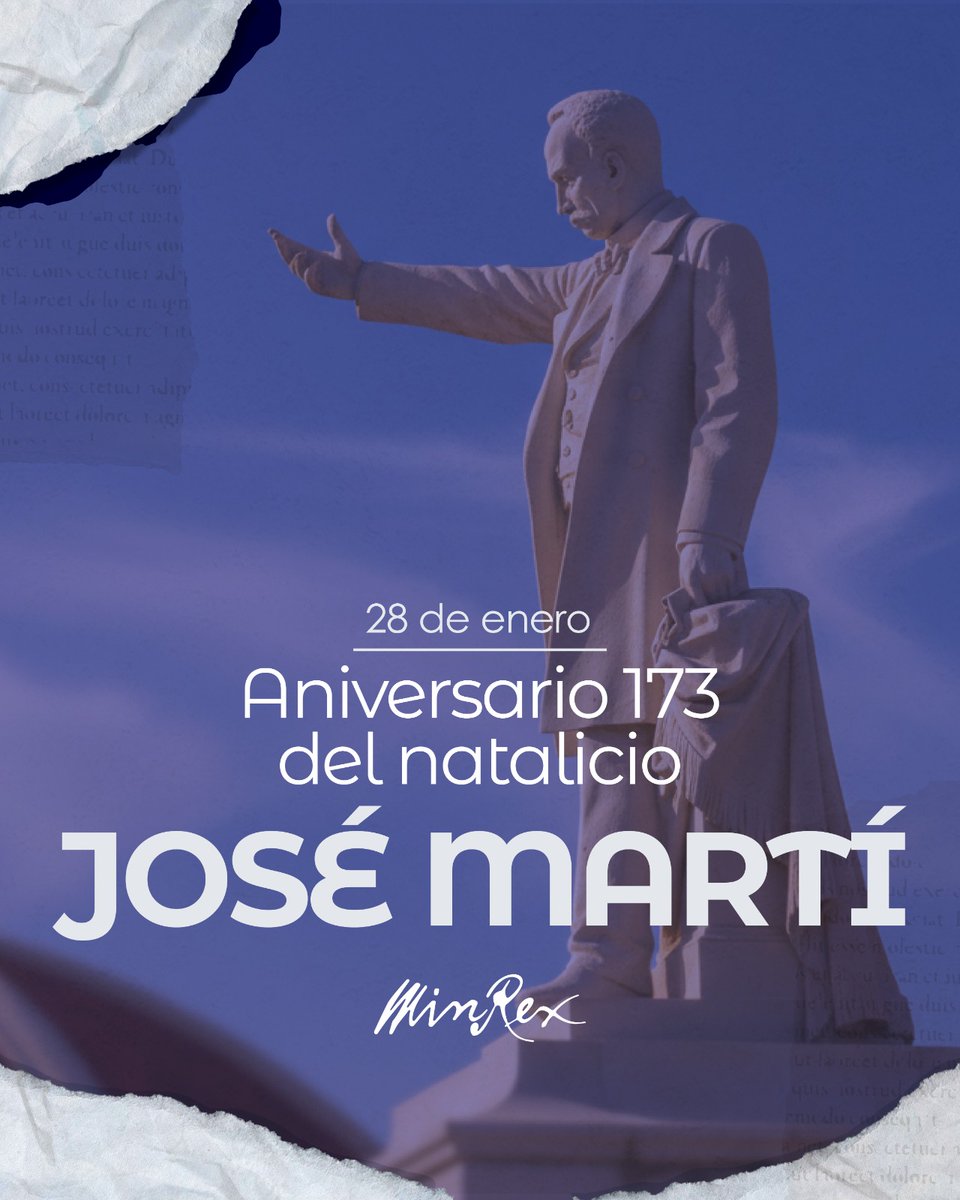 Hace 173 años nació nuestro Héroe Nacional José Martí, quien nos advirtió tempranamente sobre las amenazas de EEUU contra #Cuba y el resto de Nuestra América.

Sus ideales son la base de la Revolución Cubana y de su profunda obra humanista, solidaria, internacionalista y a favor
