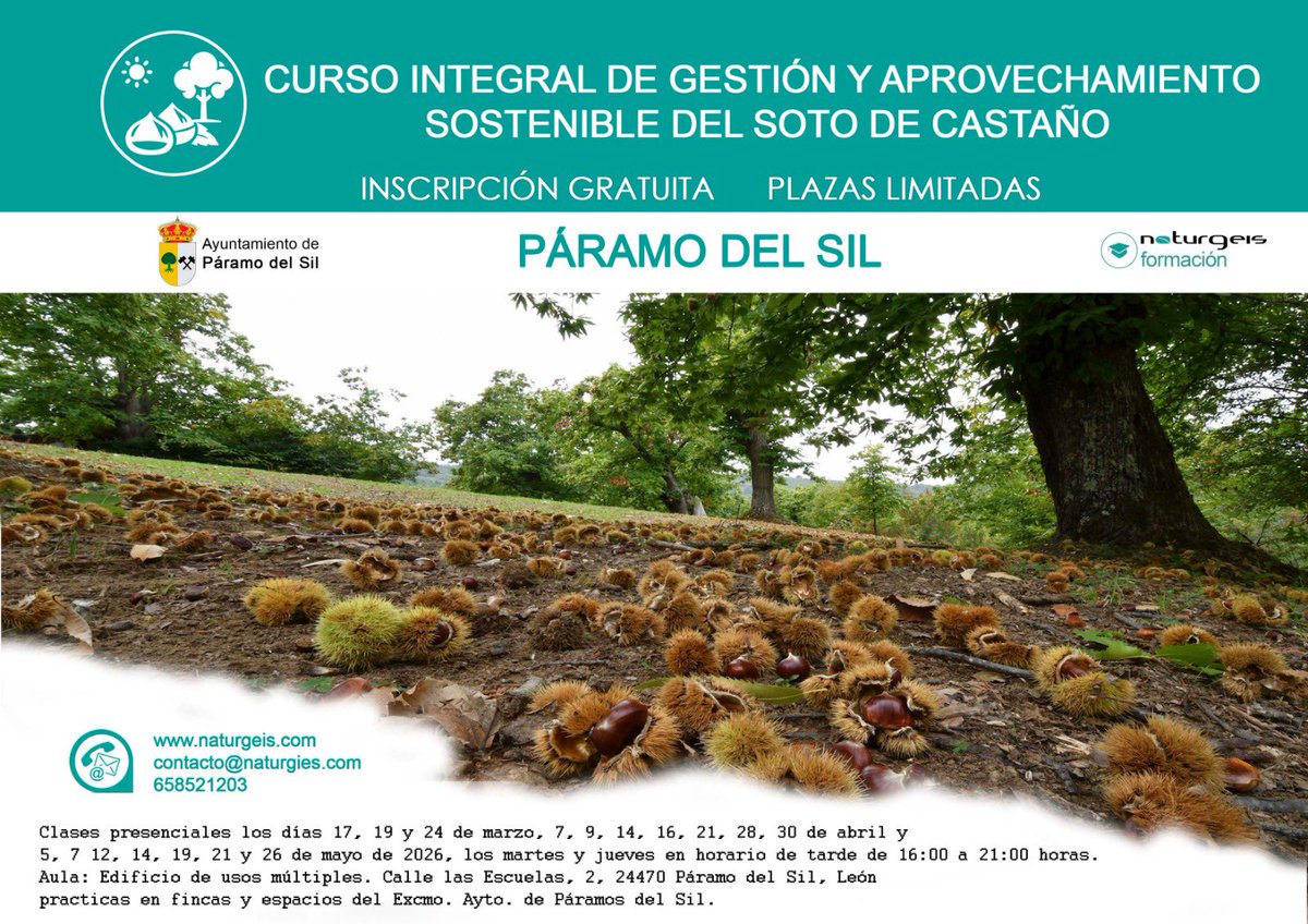 🌳 CURSO INTEGRAL DE GESTIÓN Y APROVECHAMIENTO SOSTENIBLE DEL SOTO DE CASTAÑO 🌰

📍 Aula del Edificio de Usos Múltiples de Páramo del Sil
⏱️ Duración: 90 h, horario de 16 a 21h
🎓
✅ Gratuito, Plazas limitadas
📜 Titulo certificado acreditado

📲 enlace:

naturgeis.com/curso/curso-in…