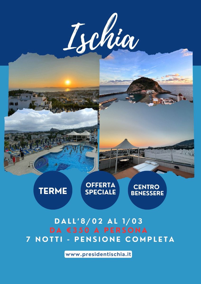 PresidentIschia's tweet photo. 🌴 Vacanze a Ischia 🌊
Inizia l'anno nelle acque calde termali e nel relax!
✨ Dall' 8/02 al 1/03 una vacanze per te da €350 a persona
#ischia https://t.co/uJvSWhPmIH