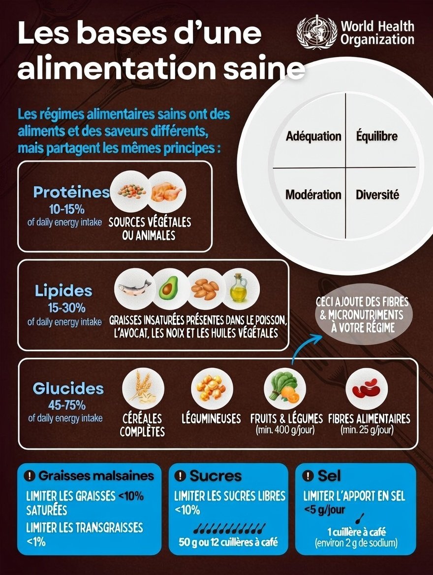 Pour une alimentation saine, privilégiez une grande variété d’aliments peu ou pas transformés afin d’apporter assez de micronutriments essentiels tout en limitant les graisses malsaines, les #sucres et le #sel.