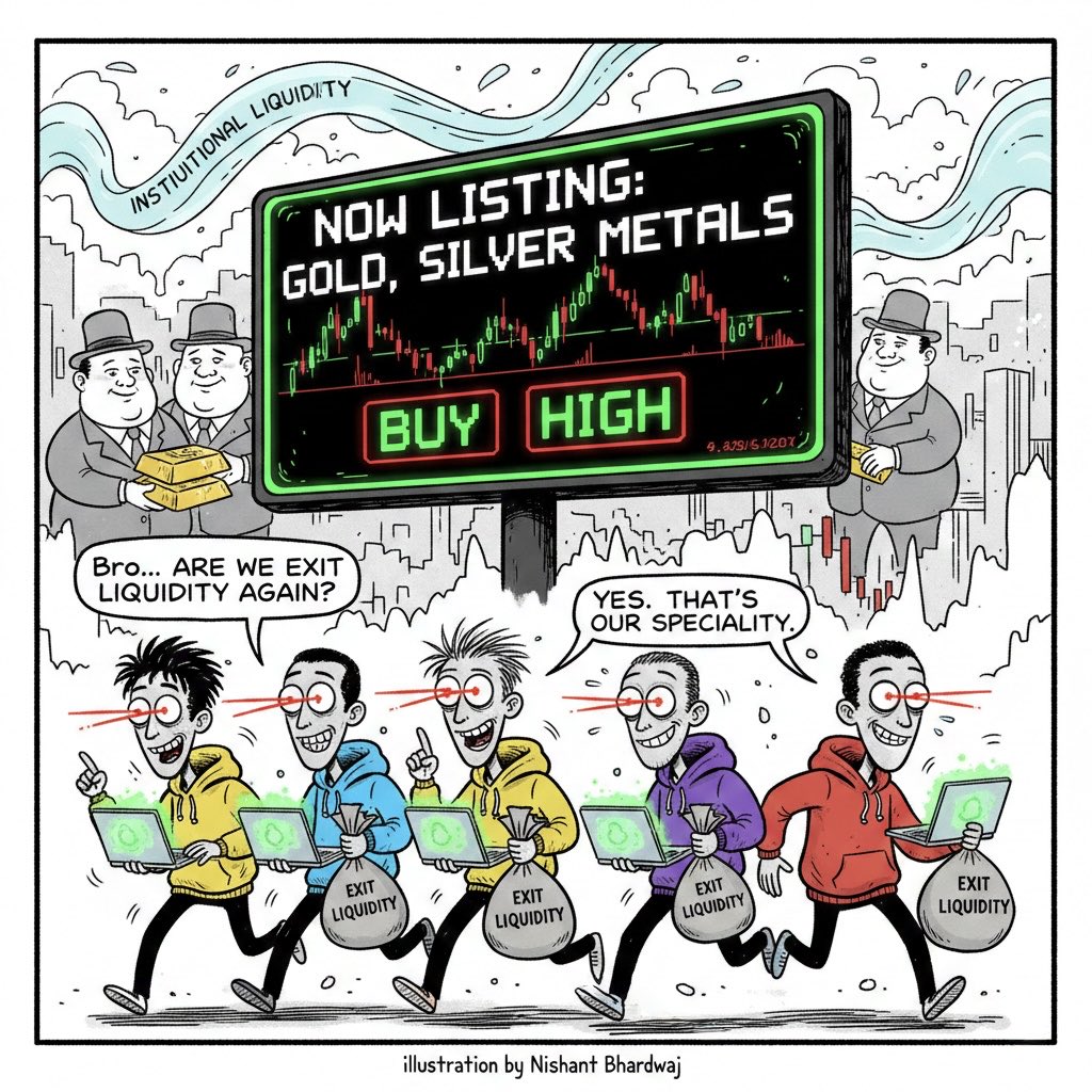 Crypto exchanges have started listing metals. Are they planning to make  crypto gang their exit liquidity too, something crypto gang is already very  good at?