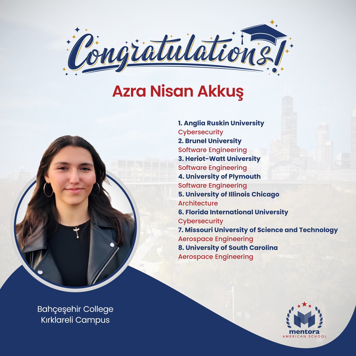 BK_Kirklareli's tweet photo. 🎉 Gurur Duyuyoruz! 🎉

Öğrencimiz Azra Nisan Akkuş, dünyanın saygın üniversitelerinden aldığı kabullerle bizleri bir kez daha gururlandırdı! 🌍✨ https://t.co/yVguXBbqek