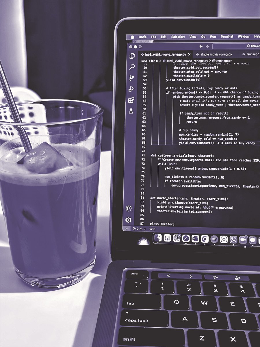 pytogui's tweet image. Bom dia com uma simulação rodando! Desenvolvi um modelo para entender o fluxo de um cinema: desde o desejo pela pipoca até o ponto de desistência na fila. Ironicamente, o melhor jeito de economizar dinheiro em um negócio é gastando lógica no Python, primeiro. :D
