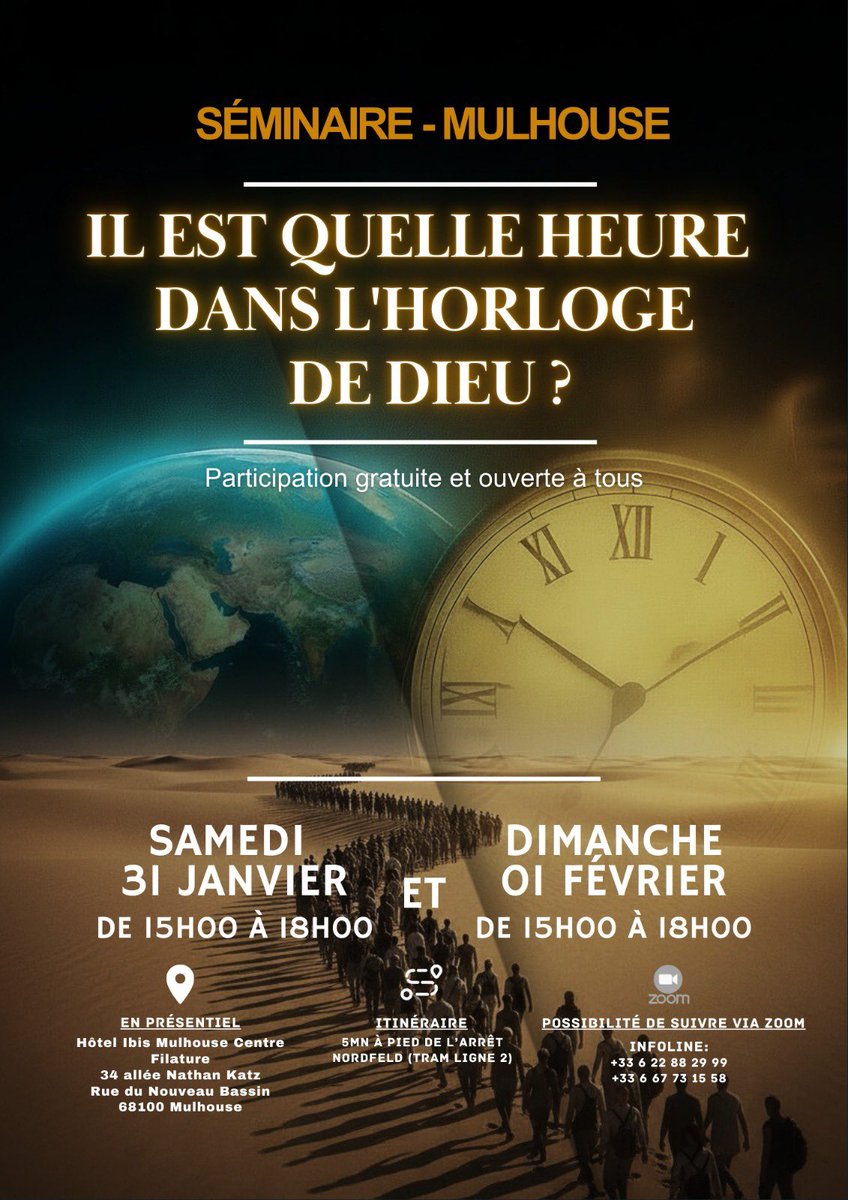 mary_mts05's tweet photo. Séminaire, du 31 janvier au 1er février 2025, sur la thématique : Il est quelle heure dans l’horloge de Dieu ?

Ne manquez pas cette opportunité d’être enseigné et équipé pour participer activement à la construction de l’Église que Christ veut voir émerger en ces temps de la fin. https://t.co/WQrdk2rigp