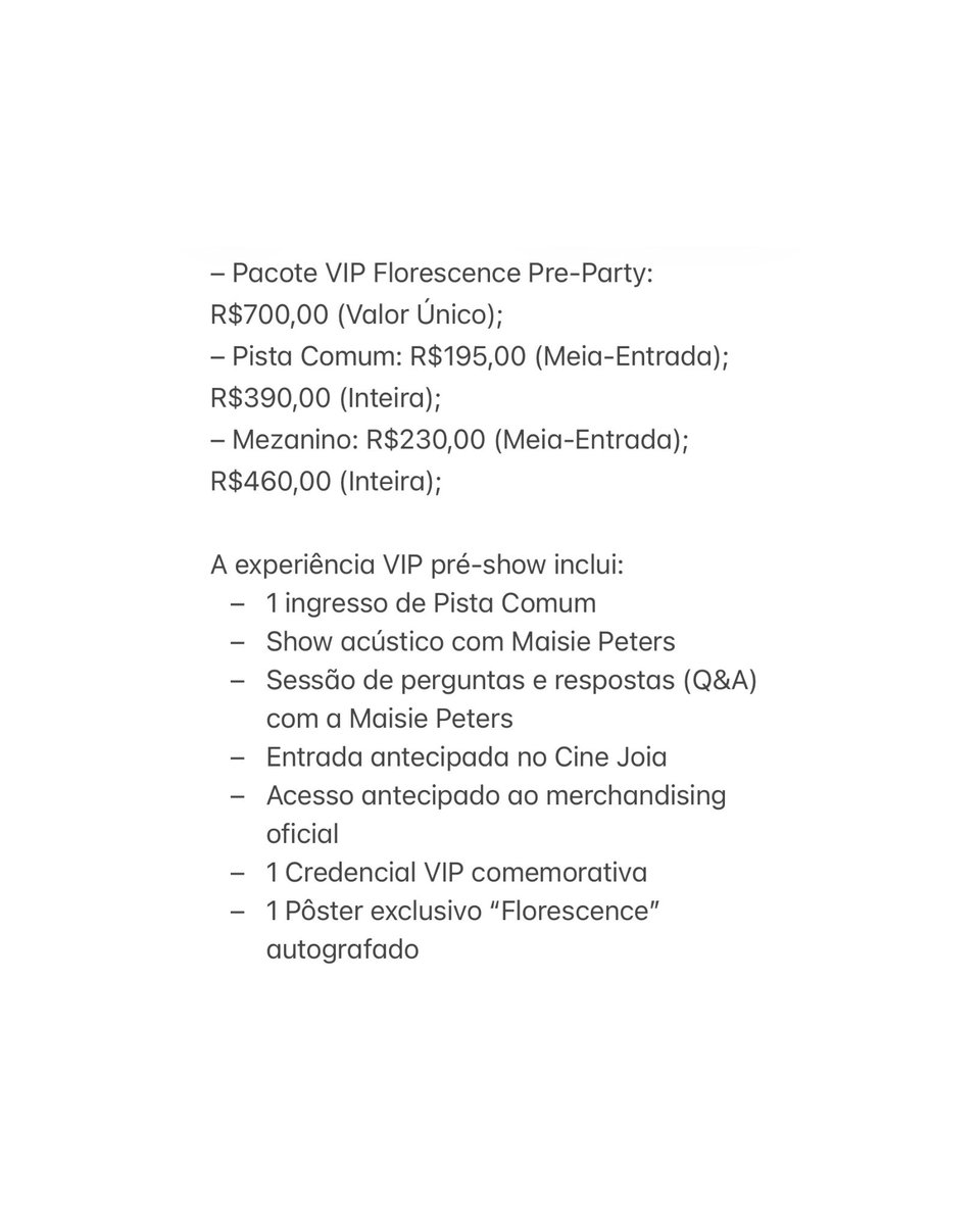 MaisiePetersBRA's tweet image. 🚨 Confira os valores, setores e os itens inclusos no pacote VIP da “Before The Bloom Tour”, de Maisie Peters, no Brasil.

via: @CAPRICHO