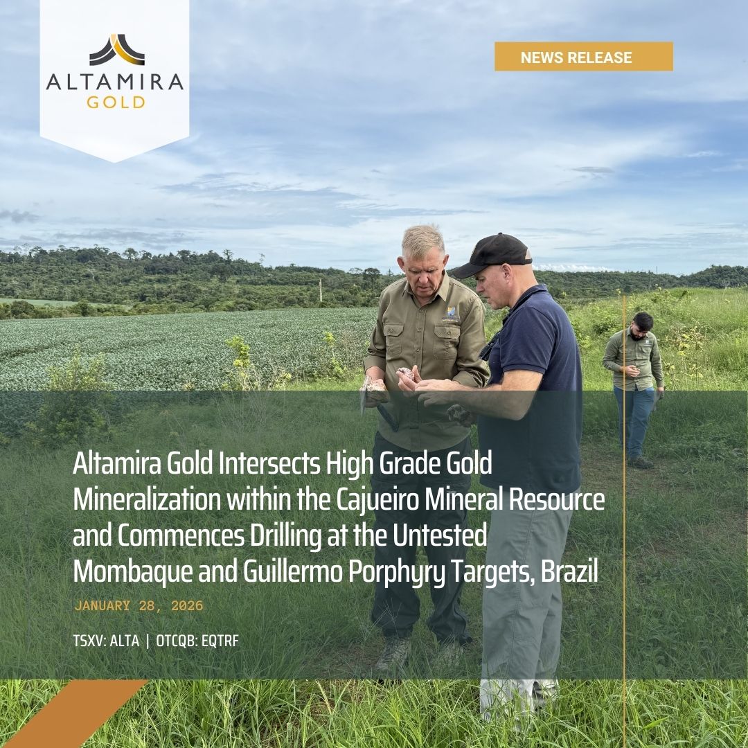 AltamiraGold's tweet photo. Altamira Gold announced encouraging new drill results from the Central Resource Area at the Cajueiro District in Brazil

🔹 The first five drillholes intersected high-grade #gold, including up to 19 g/t gold at the Baldo block, confirming mineralization continues at depth

🔹 Drilling also identified new parallel mineralized structures and shows potential to extend the resource beyond current NI 43-101 limits

🔹 Scout drilling is underway at additional regional targets, with early gold intersections supporting the broader porphyry gold district potential

https://t.co/W2QMZZ4T71

$ALTA.v $EQTRF