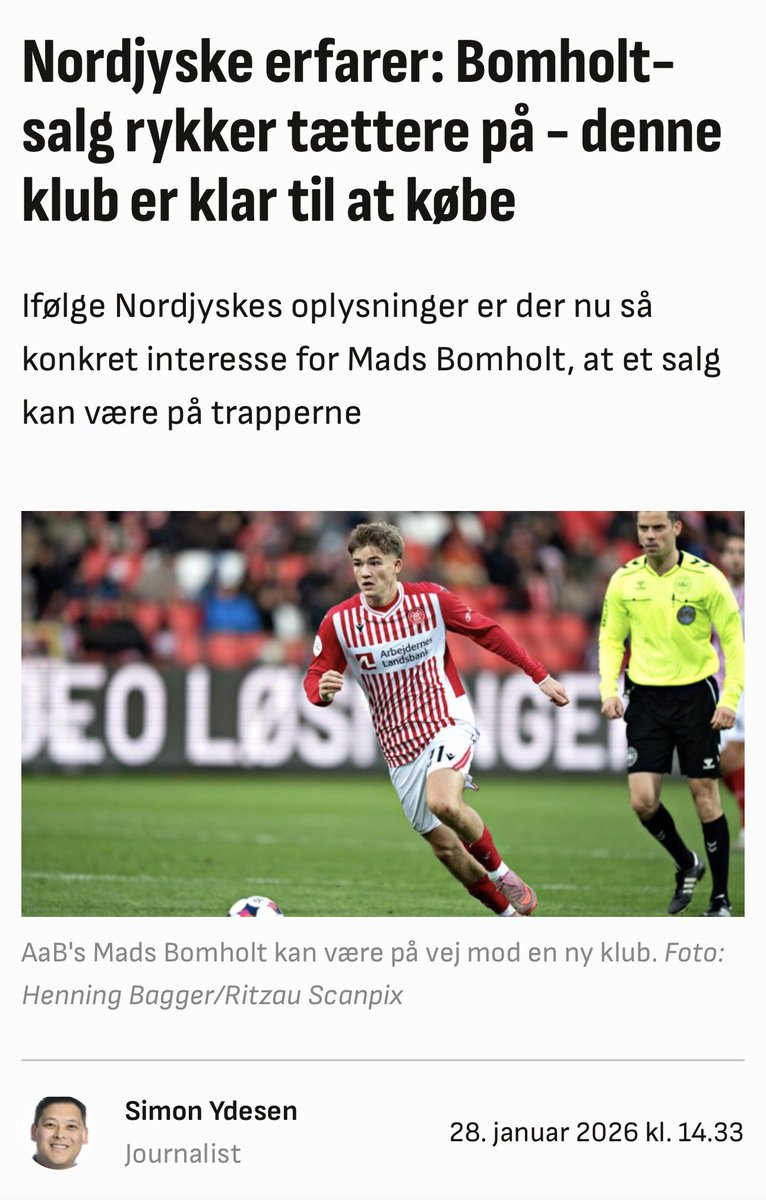Jesper_Simoni's tweet image. ⌛️🔴⚪️

@nordjyskedk og @ydesen melder, at et salg af AaB midtbaneprofilen Mads Bomholt, kan være op over. Det er angiveligt norske Rosenborg der fører an i kampen om den unge midtbanespillers underskrift ✍🏼

AaB skulle, ifølge Nordjyske, forlange i omegnen af 2 millioner euro.