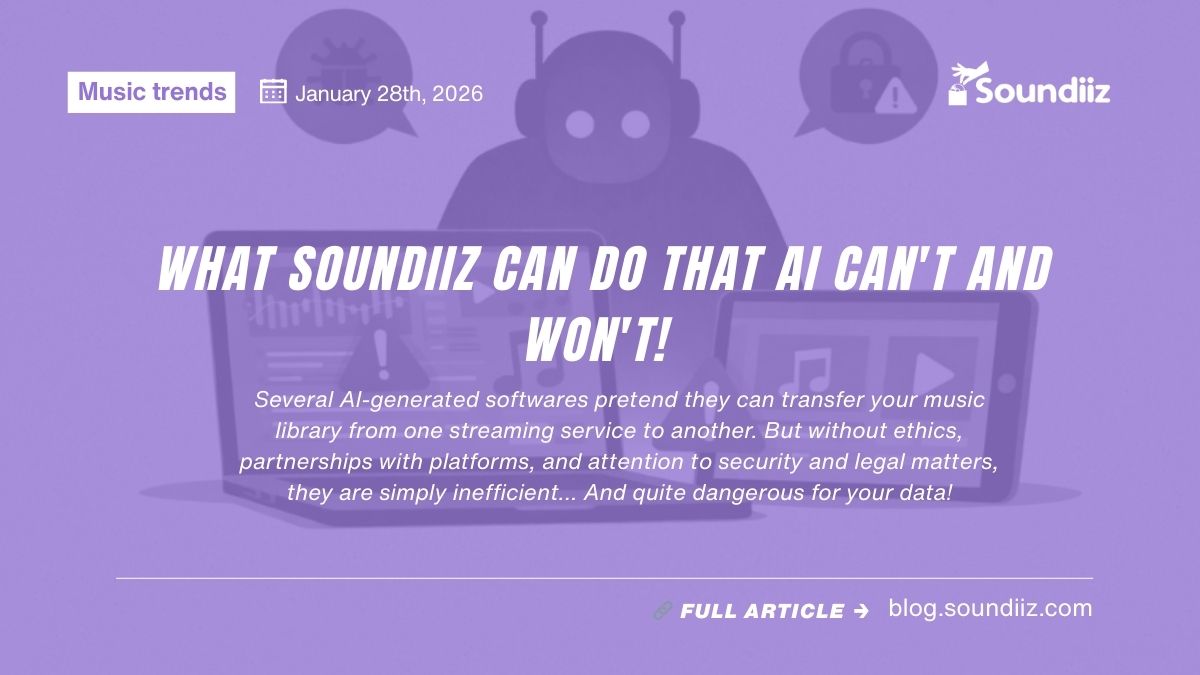 soundiiz's tweet photo. ❌ Artificial intelligence is everywhere, and Soundiiz also faces its challenges, including AI-generated third parties that try to replicate our services but never succeed, and handle data without regard for legal or ethical matters. Here's what Soundiiz can do that AI can't and won't!

📢 https://t.co/rcnBNatcIB