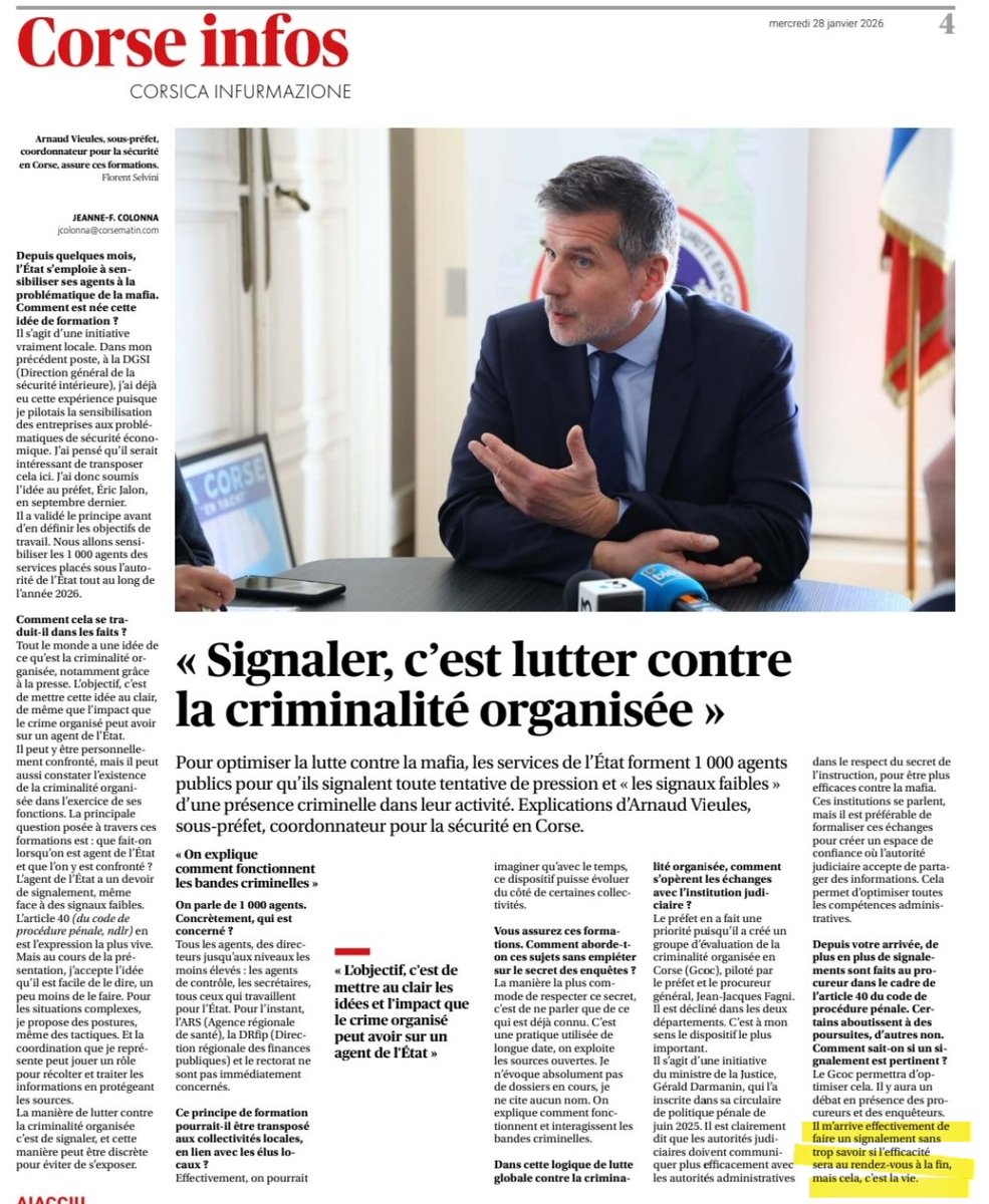 Dire que suite a un signalement bien trop souvent classer ou sans information des suites.. ....« c'est la vie ».... face à la violence subie par ceux qui dénoncent des faits graves revient à normaliser l'anormal et à décourager le civisme.
<a href="/Prefet2A/">Préfet de Corse, préfet de Corse-du-Sud</a>