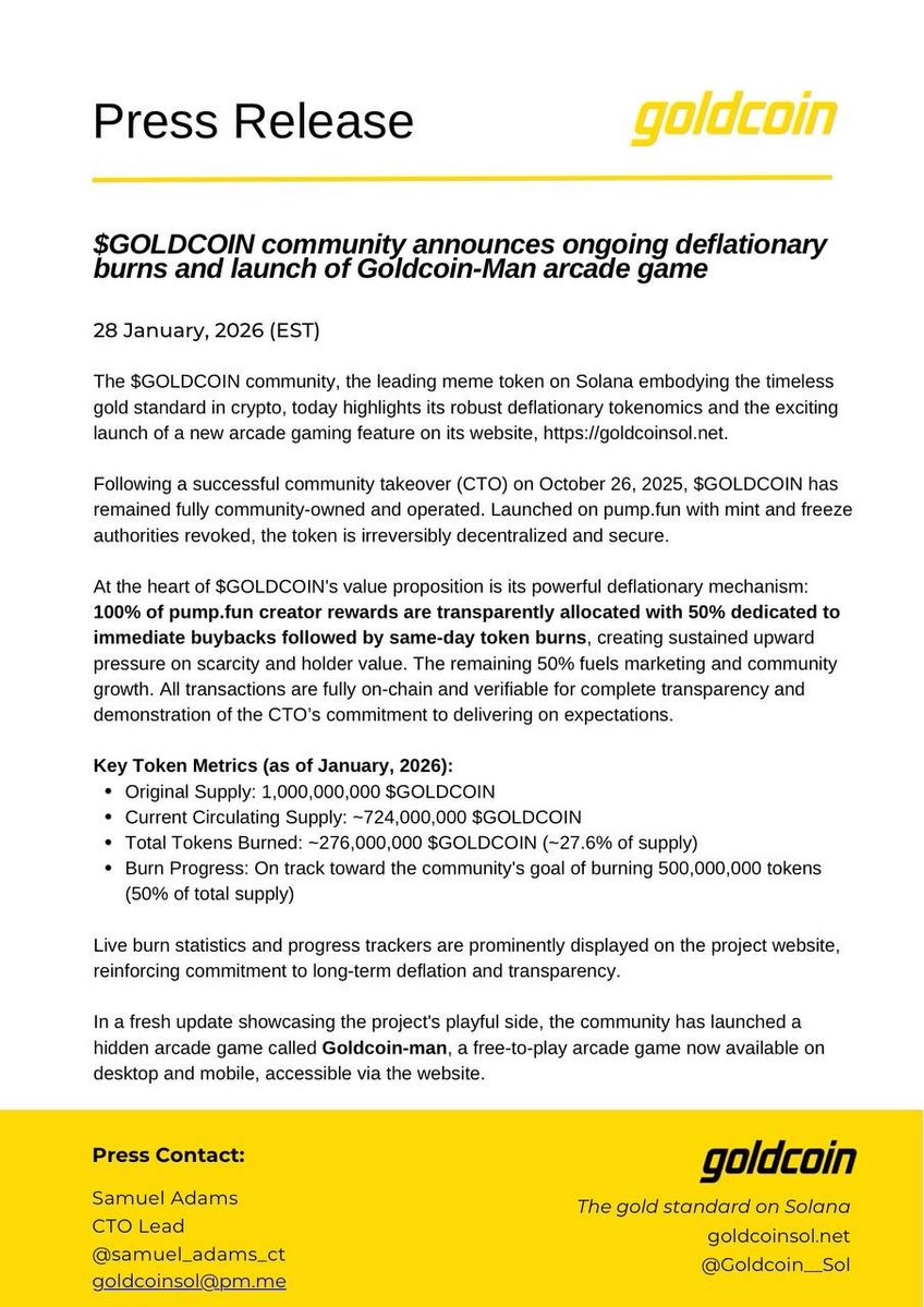 Goldcoin__Sol's tweet image. 🚨 PRESS RELEASE 🚨: 

$GOLDCOIN community spotlights deflationary token burns &amp;amp; launches Goldcoin-Man arcade game. 

The gold standard on Solana keeps shining!✨ Our community-driven project has burned ~28% of supply via transparent buybacks from creator rewards, fueling
