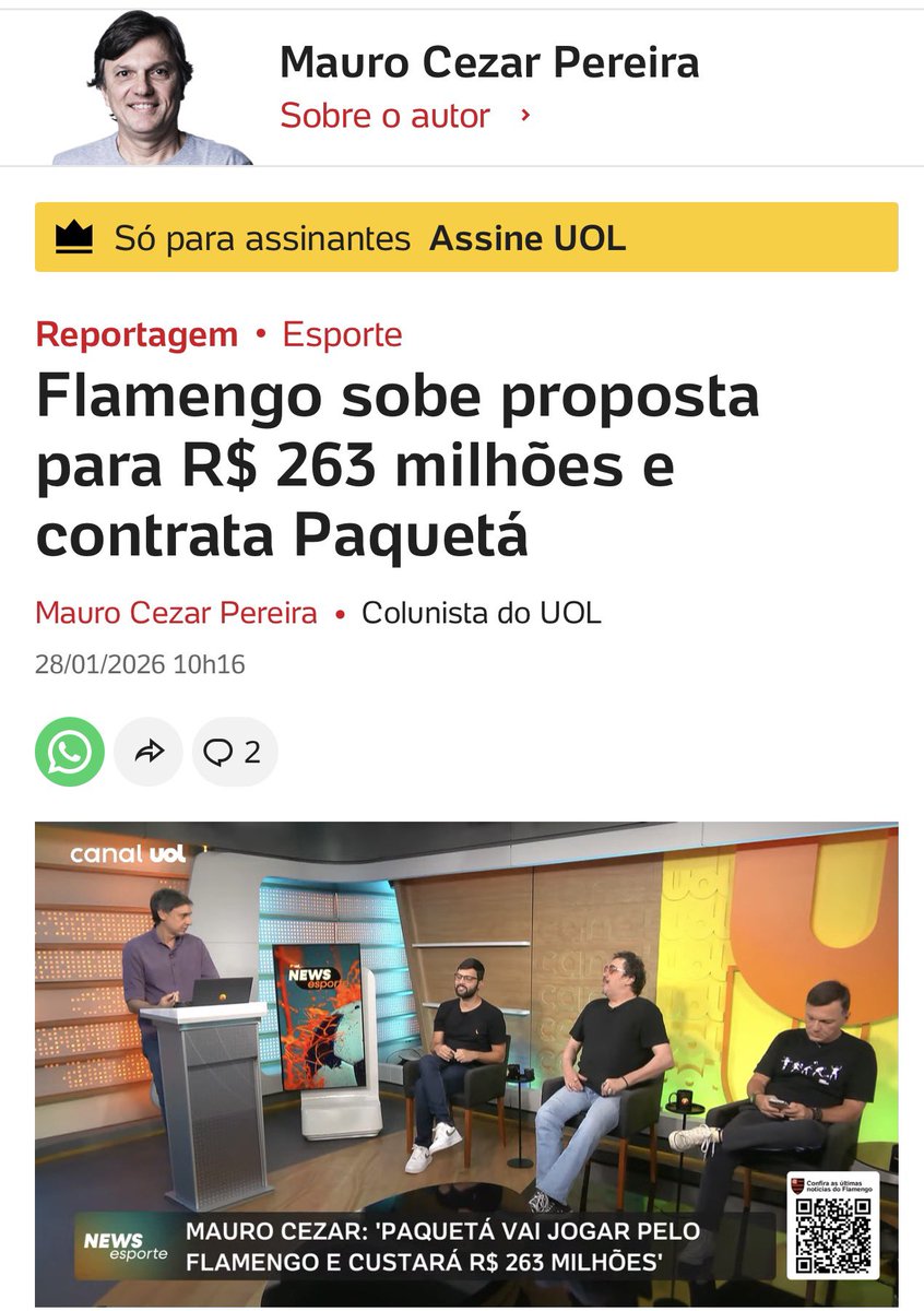 maurocezar's tweet image. Trouxemos a notícia ao vivo e em primeira mão no UOL News Esporte. Mais detalhes no blog, com vídeo👇🏻

Flamengo sobe proposta para R$ 263 milhões e contrata Paquetá 

uol.com.br/esporte/futebo…