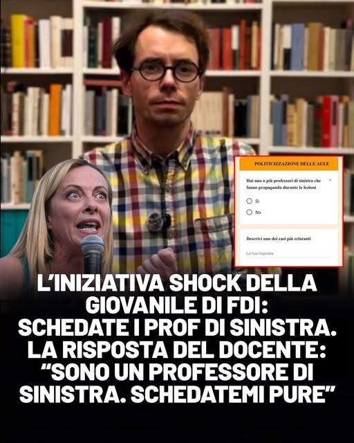 serebellardinel's tweet photo. A mettere faccia professor Zantaforni:"Questa la domanda di questionario che #AzioneStudentesca, giovanile di @FratellidItalia, distribuisce nelle #scuole!"Prima giudici di sinistra,poi giornalisti di sinistra,poi artisti di sinistra,adesso tocca a professori! Schedateci TUTTI! https://t.co/IEIQZp4nQZ