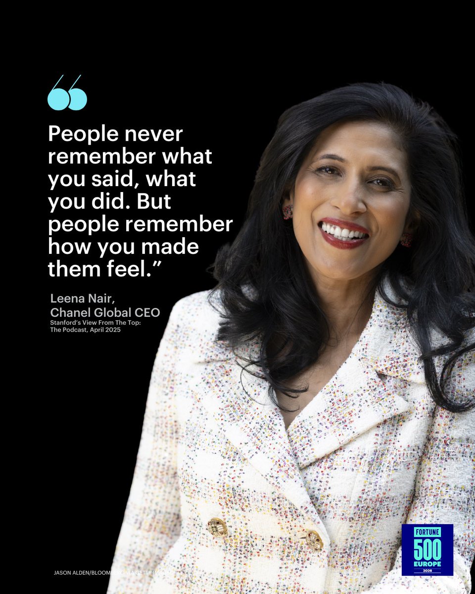 FortuneMagazine's tweet image. As a leader, Chanel Global CEO Leena Nair leans into a quote made popular by author and poet Maya Angelou.

Last year, Chanel earned a #Fortune500Europe spot at No. 227 under the leadership of Nair, who has headed the luxury house since 2022.

🔗 On Feb. 11, Fortune’s editors…