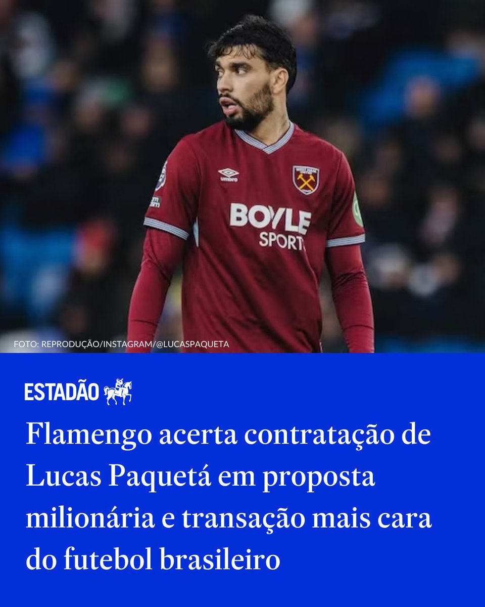 Estadao's tweet image. PAQUETÁ NO FLAMENGO ⚽ Clube acerta contratação do jogador por R$ 280 milhões; transação é a mais cara do futebol brasileiro (via @EstadaoEsporte) &amp;gt; x.gd/QT71n