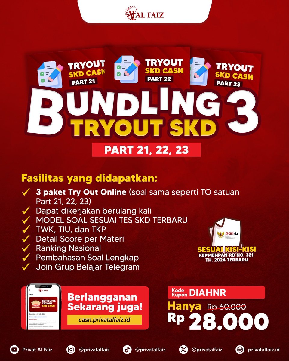 hellowgirl_'s tweet photo. Ayo persiapkan dirimu untuk seleksi SKD CPNS dengan mengerjakan tryout!
https://t.co/90SrbKBFXV 
Gunakan kode DIAHNR dan dapatkan pot harga! Berlaku untuk semua paket tryout SKD. 

#ZonaUang #Zonajajan #UTBK #CPNS2025 #PrivatAlfaiz #Sekdin #SKDCPNS #SKDCPNS #Kedinasan #CPNS https://t.co/IATpInwsO9