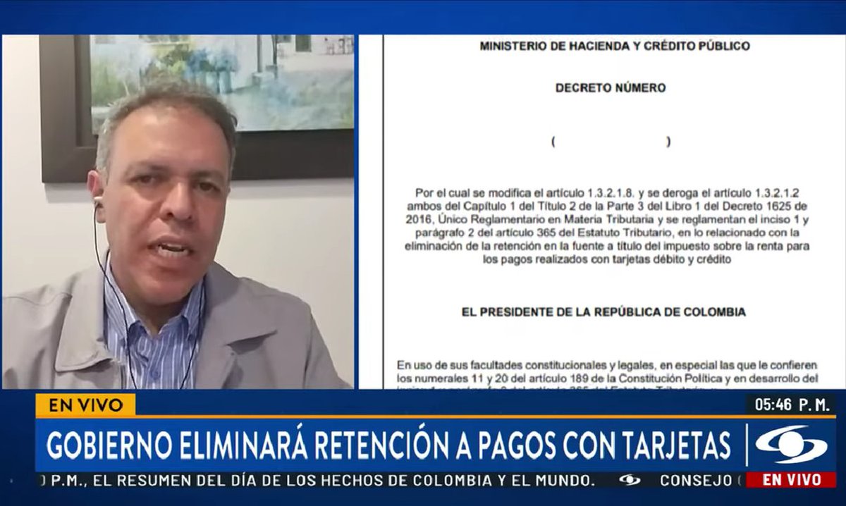 Borrador de decreto propone eliminar retefuente de 1.5% a pagos con tarjetas débito y crédito. Ojo: no se elimina impuesto, sino cambia el momento de pagarlo. Gracias a Noticias Caracol por invitarme a compartir análisis
<a href="/URosario/">URosario</a> <a href="/AdmonURosario/">Escuela Admon UR</a> <a href="/Rosario_GSB/">Rosario GSB</a> #LaEscuelaEnMedios