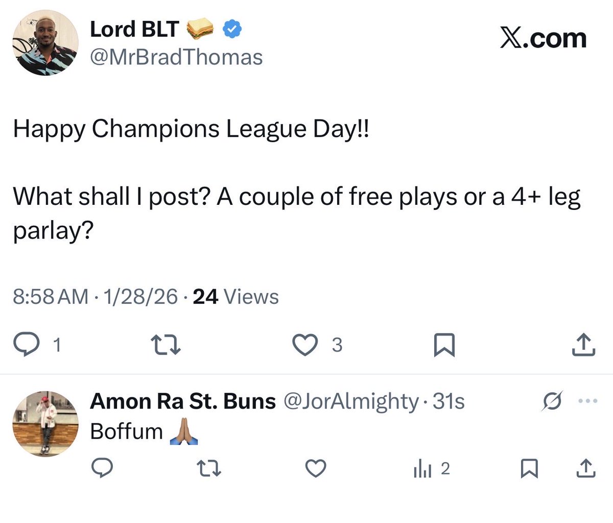 MrBradThomas's tweet photo. Okay okay, if the post below gets 100 likes, I’ll post a couple free plays and a 4+ leg parlay. 

I don’t even know if 100 people like me 😂 https://t.co/1hpHQMoWVd