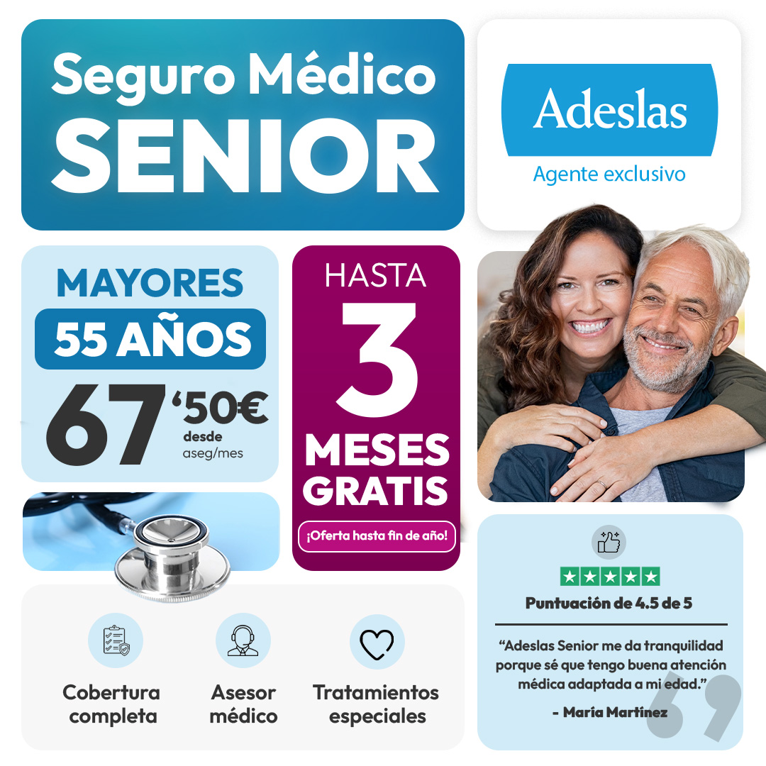 STojumana's tweet photo. El problema: Ser rechazado por el seguro médico al cumplir los 55. 
La solución: Adeslas Senior. 
Cobertura completa, precio adaptado (desde 67,50€) y una promoción de 3 meses gratis que no puedes dejar pasar. ¡Que la edad no sea un impedimento para cuidar de tu salud!