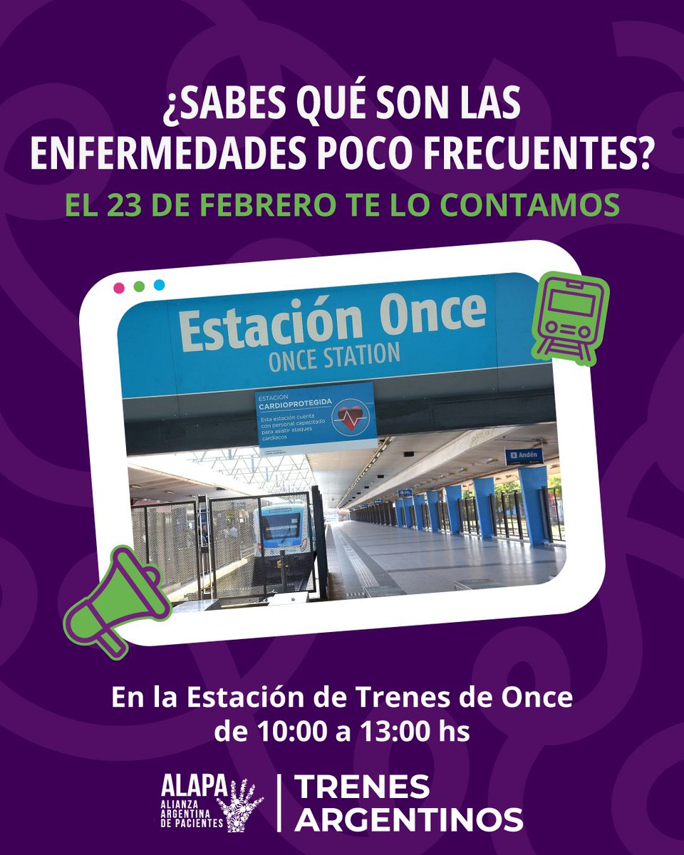 📅 El lunes 23 de febrero, de 10.00 a 13.00 hs, estaremos en la Estación de Trenes de Once contándole a los pasajeros qué son las enfermedades poco frecuentes.

🙂 ¡No dudes en acercarte a nuestro stand!

🚆 Agradecemos a <a href="/TrenesArg/">Trenes Argentinos</a> por darnos este espacio.

#SomosALAPA #Salud