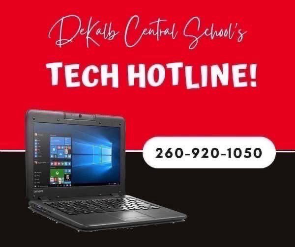 Got tech questions about virtual learning? 📱💻 Call our DeKalb Central Tech Hotline at 260-920-1050, from 9am-3pm. If we don’t answer, leave a message and we’ll get back to you ASAP!