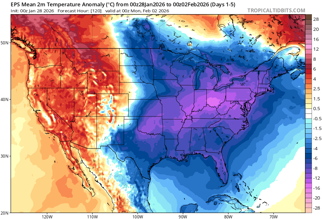 MUweather's tweet photo. The #ArcticOutbreak won't end until early next week. A huge chunk of the TPV will rotate through northern New England and the Canadian Maritimes, and aggregate temps will be ~20°F below normal through Sun. Continue to dress in layers, wear gloves, & limit time outdoors! https://t.co/ovDfgM7OdO