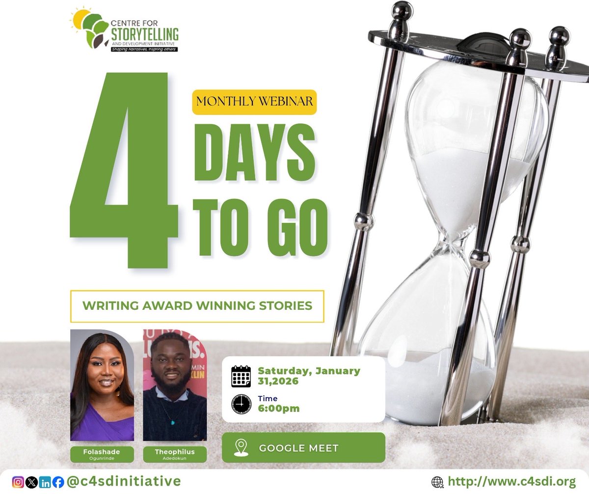4 days to go!!

4 days to go. Writing that wins hearts and recognition is not magic. It is a process. We are breaking it down step by step with practical insights you can use immediately.
Save your seat today. 
Registration link 🔗 below.

forms.gle/EiU372irqTu7aa…

#CSDI