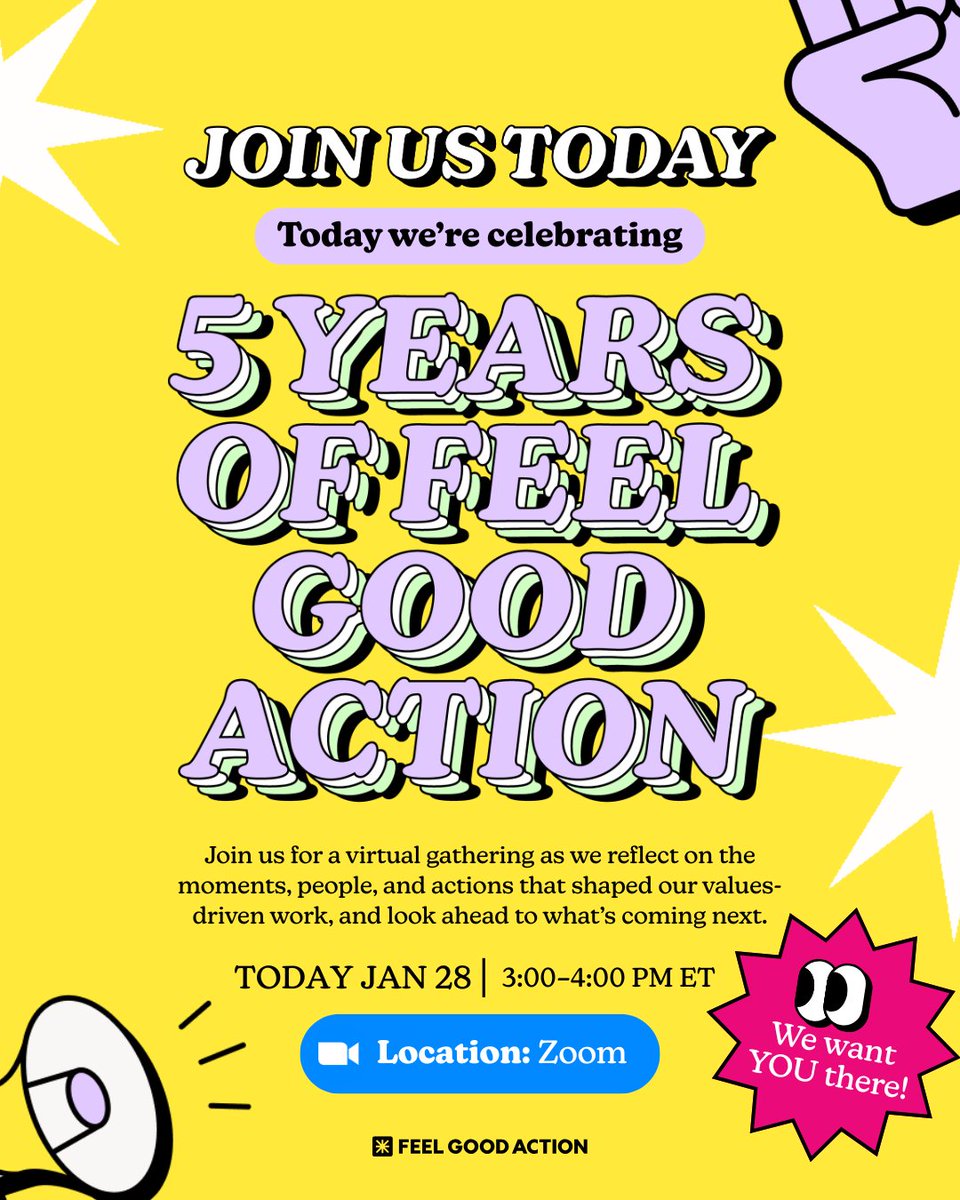 FeelGoodAction's tweet image. Join us today! 🎉 

We’re celebrating 5 years of Feel Good Action with a virtual gathering reflecting on our journey and what’s ahead.

🗓️ Jan 28th
⏰ 3 to 4 PM ET
📍 Zoom

Sign up: secure.ngpvan.com/o_riPBcBk02K4g…

#FeelGoodAction #FiveYearsOfFeelGood #CommunityPower