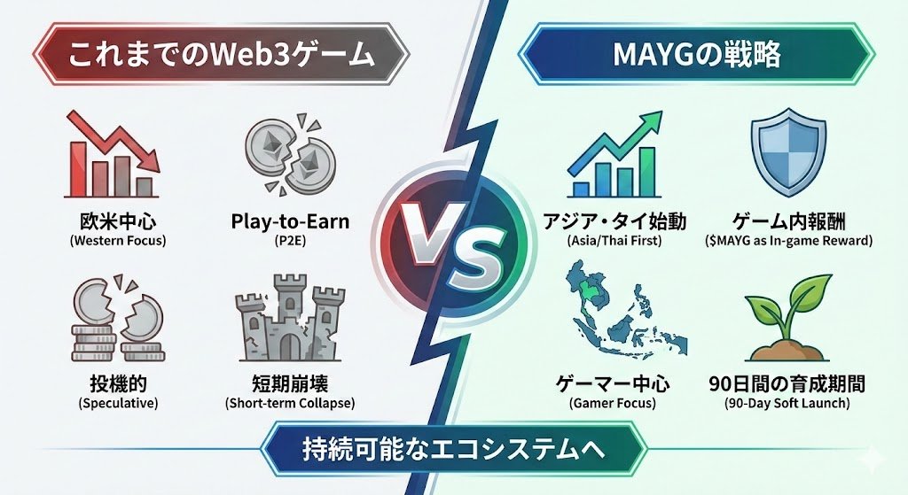 mapupresident's tweet photo. #MAYG #Web3Gaming 
「稼ぐ」を捨てて「遊ぶ」に全振りするのは正解か？ 

本日開始のMAYGソフトローンチ、あえてWeb3投資家層を狙わず、タイを中心としたアジアの「純粋なゲーマー」獲得に舵を切りました。

この戦略、吉と出るか凶と出るか。

▼ 今回のローンチの要点

✅期間は最低90日間（テスト重視） 

✅ $MAYG は投機用ではなく「ゲーム内報酬」に特化 

✅最初から300以上のアイテムを実装 ・ターゲットは欧米ではなく「タイ」から開始

▼ まぷの視点
「P2Eモデル」の限界が見え隠れする今、このプロジェクトのように「ゲーム本来の面白さ」と「地盤の固いアジア市場」にリソースを割くのは理にかなっていると判断します。

投資家目線では短期的な爆益は期待できないかもしれません。

しかし、90日後の正式リリース時に「エコシステムが崩壊していない」状態を作れるのは、こうした地道な設計をしたプロジェクトだけです。

皆さんは「稼げるけどすぐ死ぬゲーム」と「稼ぎは薄いが長く遊べるゲーム」、どちらに未来を感じますか？