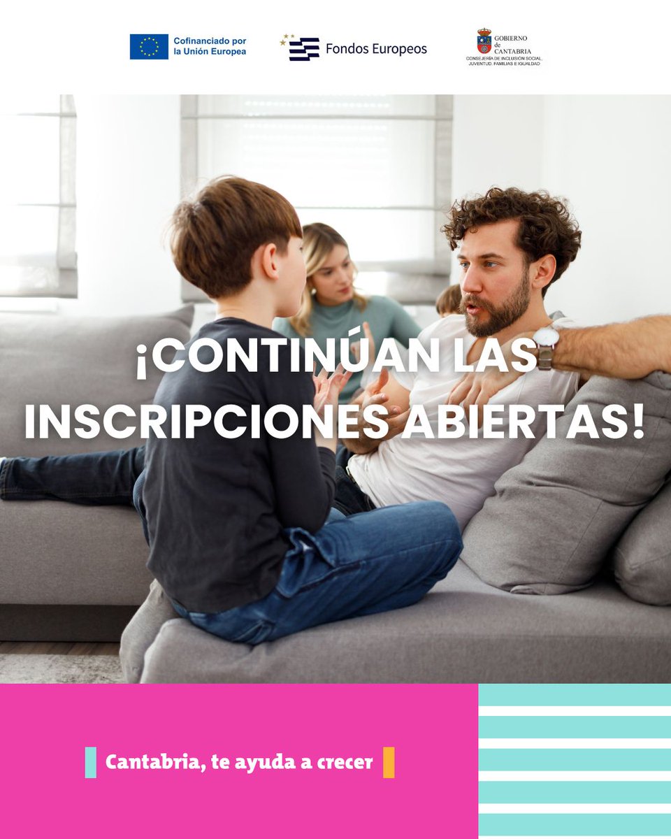 ¡Continúan las inscripciones abiertas!
Comenzamos grupos en diferentes municipios de Cantabria para familias con hijos e hijas entre 0 y 18 años
#CantabriaTeAyudaACrecer #FondosEuropeos