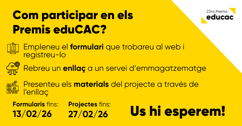 🚀Com participar en els #PremiseduCAC2026?
Teniu les bases al web de l'eduCAC, i a més us ho resumim en 3 pases: 
1️⃣Empleneu i feu-nos arribar el formulari de participació
2️⃣Us enviarem un 🔗
3️⃣Presenteu els materials
Si teniu cap dubte, escriviu-nos!
🔗educac.cat/premis-educac/…