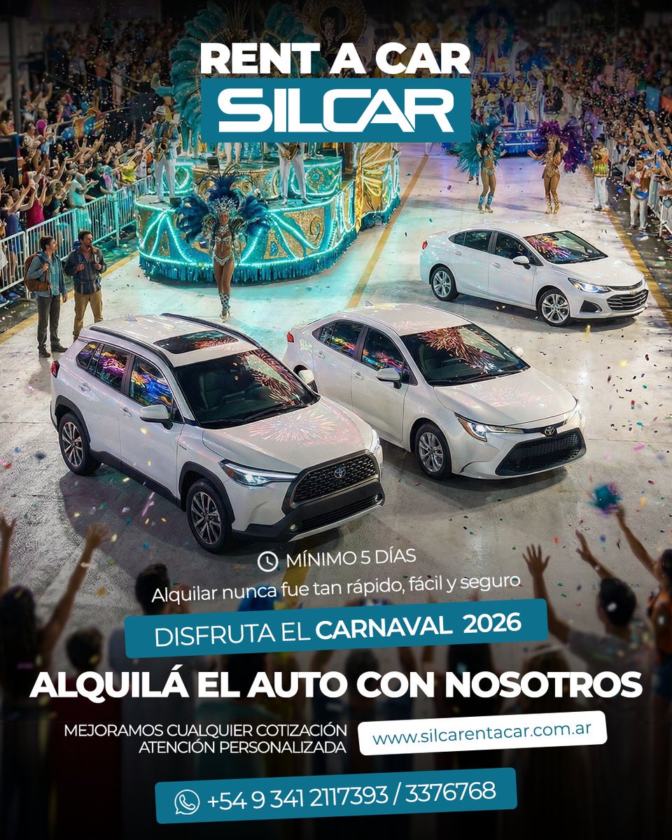🧳DISFRUTÁ EL CARNAVAL 2026🏖️⛰️
🚘 ALQUILÁ EL AUTO CON NOSOTROS.

📲 CONSULTANOS: 54 341 2117393 / 3376768
💻 silcarentacar.com.ar
⚠️Alquiler mínimo 5 Días.

✔️ Rápido.
✔️ Fácil.
✔️ Seguro.

📍 Mitre 190 – Rosario – Santa Fe – Argentina
📞 54 341 4412020 (líneas rotativas)