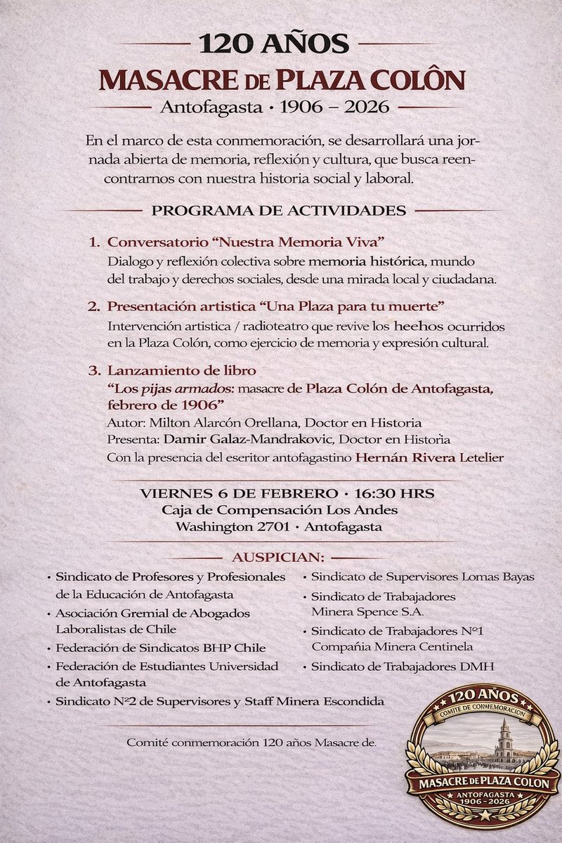 Próximo 6 de febrero se conmemoran 120 años de la masacre de la plaza Colón 
Ven a participar de este espacio de memoria, reflexión y respeto.