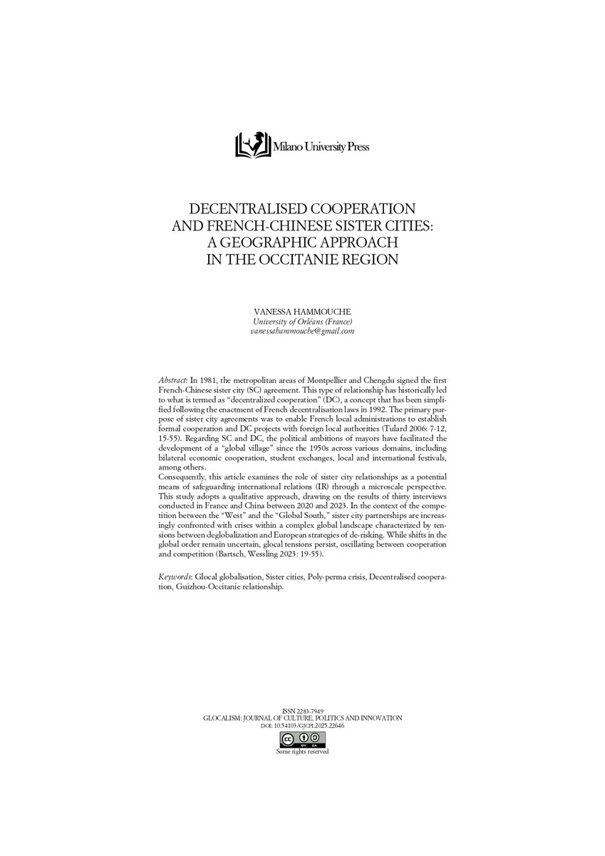 "In 1981, the metropolitan areas of Montpellier and Chengdu signed the first French-Chinese sister city (SC) agreement. This type of relationship has historically led..." Vanessa Hammouche for Glocalism, FIRSTVIEW 👇🏼riviste.unimi.it/index.php/gloc… #glocal #globalisation #cities