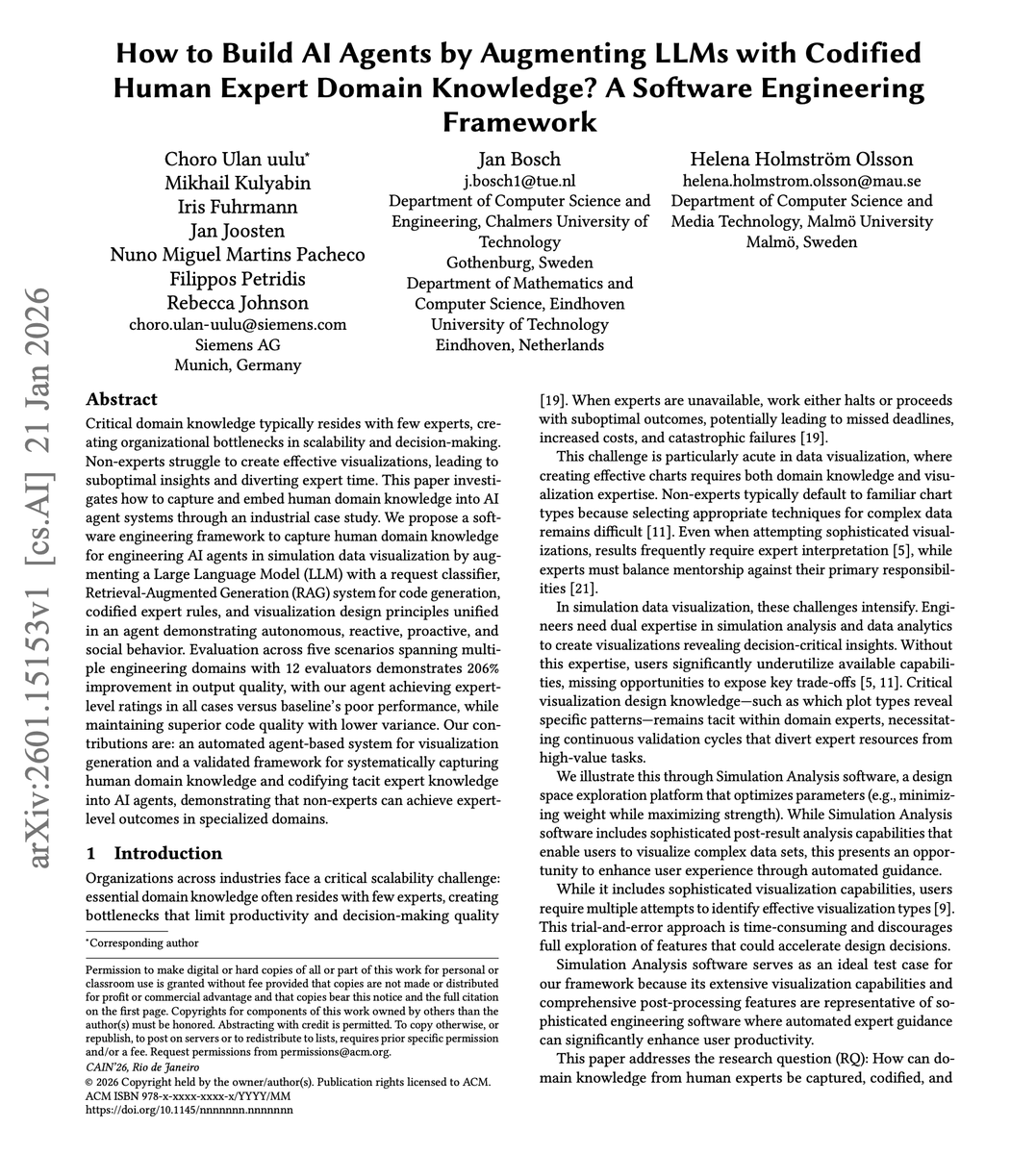 dair_ai's tweet photo. Your organization's best knowledge is trapped in your experts' heads.

These researchers figured out how to get it out.

Critical domain knowledge resides with few specialists, creating bottlenecks that halt work or produce suboptimal outcomes.

Non-experts struggle to create effective visualizations. This leads to missed insights, wasted expert time on mentorship, and sometimes catastrophic failures (medical visualization errors have contributed to 50%+ patient injury rates in some procedures).

We've tried giving non-experts access to LLMs.

But LLMs alone produce technically correct but analytically useless outputs; they don't know which plot types reveal which patterns, or what convergence means in your domain.

This framework captures expert knowledge through four mechanisms:

→ Request classifier: Routes user queries to appropriate processing based on codified expert rules
→ RAG system: Domain-specific code examples and technical documentation
→ Codified expert rules: Explicit procedural knowledge converted to executable Python functions
→ Visualization design principles: Tacit design knowledge embedded in system prompts

Key insight: experts have TWO types of knowledge.

1. Explicit procedural rules ("check convergence first") → translate directly to code
2. Tacit design principles ("use dashed lines for non-converged variables") → embed in LLM prompts

They also find that neither alone is sufficient. Code lacks analytical insight. LLM-only solutions produce domain-inappropriate outputs.

Paper: https://t.co/im6Gl1vdYT

Learn to build effective AI agents in our academy: https://t.co/zQXQt0PMbG