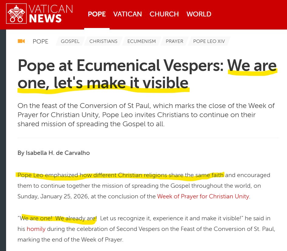 Jak podaje <a href="/VaticanNews/">Vatican News</a> , a więc oficjalny serwis informacyjny Stolicy Apostolskiej, podczas „ekumenicznych nieszporów” papież Leon XIV miał stwierdzić, że sekty niekatolickie oddzielone od Rzymu mają z katolikami „tę samą wiarę” oraz że „jesteśmy jednością”.

Tymczasem doktryna