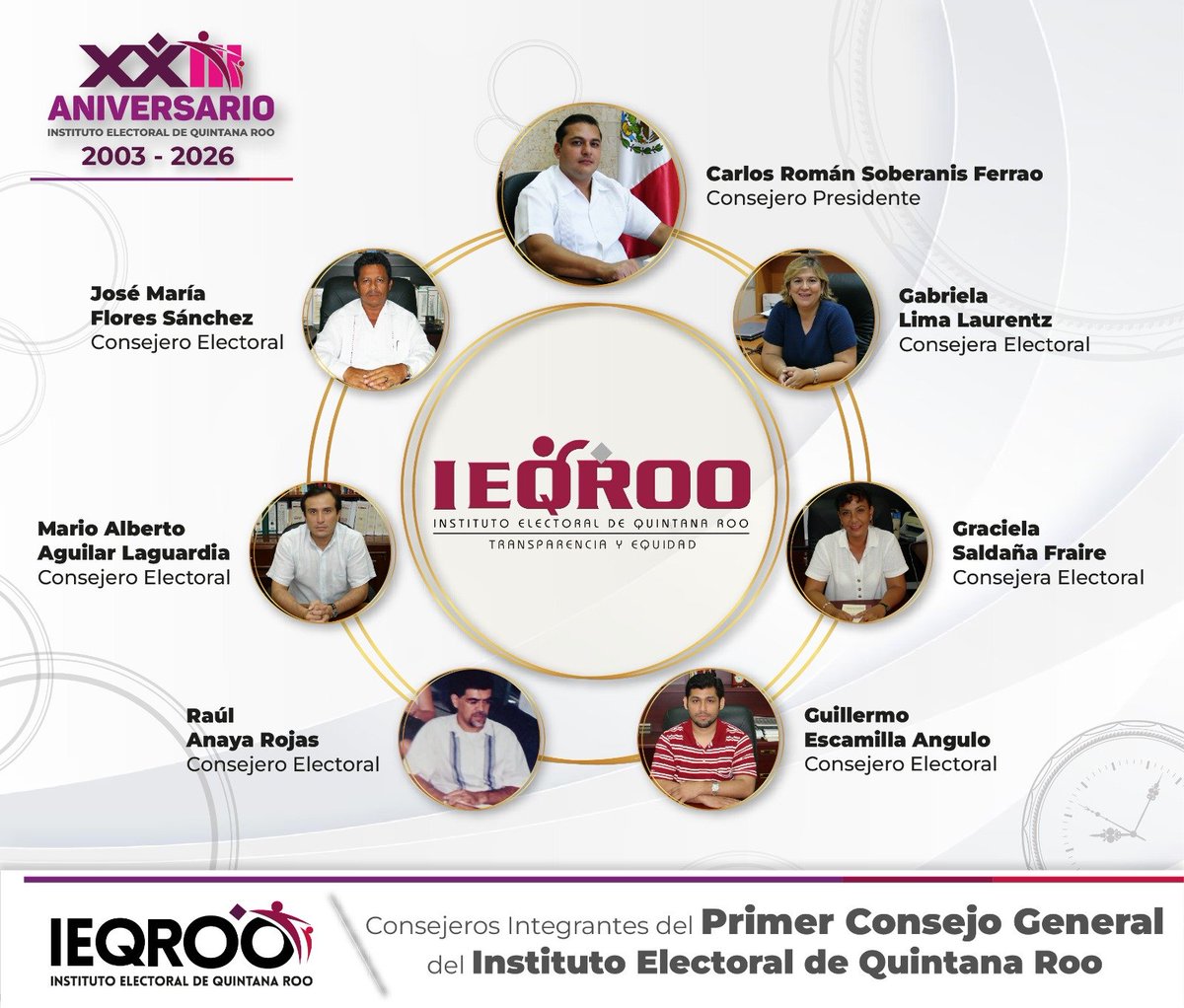💁‍♀️En el marco del #𝑿𝑿𝑰𝑰𝑰𝑨𝒏𝒊𝒗𝒆𝒓𝒔𝒂𝒓𝒊𝒐 del 𝑰𝑬𝑸𝑹𝑶𝑶, te invitamos a conocer a las y los Consejeros integrantes del Primer Consejo General, electo en el 2003 por la X Legislatura del Congreso del Estado. 
#IEQROO #DemocraciaEnQuintanaRoo