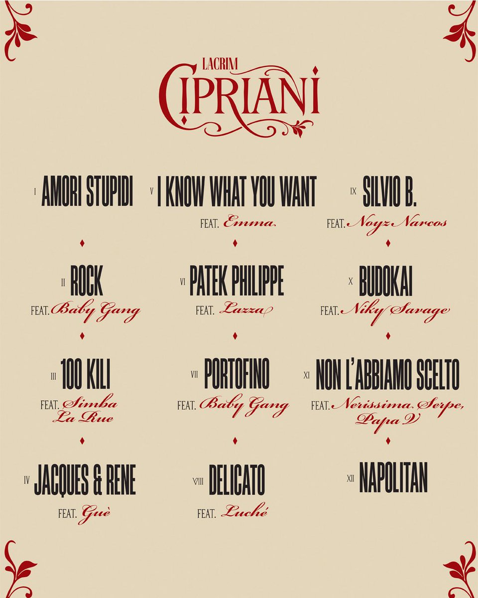 🇮🇹/ 𝐂𝐈𝐏𝐑𝐈𝐀𝐍𝐈, IL 6 FEBBRAIO

𝐓𝐑𝐀𝐂𝐊𝐋𝐈𝐒𝐓 𝐔𝐅𝐅𝐈𝐂𝐈𝐀𝐋𝐄 🇮🇹
GRAZIE A TUTTI GLI OSPITI

PREORDINE APERTO, LINK IN BIO

🇫🇷/ 𝐂𝐈𝐏𝐑𝐈𝐀𝐍𝐈, LE 6 FÉVRIER 

𝐓𝐑𝐀𝐂𝐊𝐋𝐈𝐒𝐓 𝐎𝐅𝐅𝐈𝐂𝐈𝐄𝐋𝐋𝐄 🇮🇹
MERCI À TOUS LES INVITÉS 

PRÉCOMMANDE OUVERTE, LIEN EN BIO