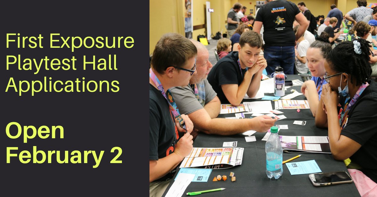 📆 Save the date! 

First Exposure Playtest Hall (FEPH) applications open on February 2. Do you have a game in development? Then FEPH is for you! This is your chance to get your game in front of eager gamers who will give you real-time feedback. 

 bit.ly/36ljDeB