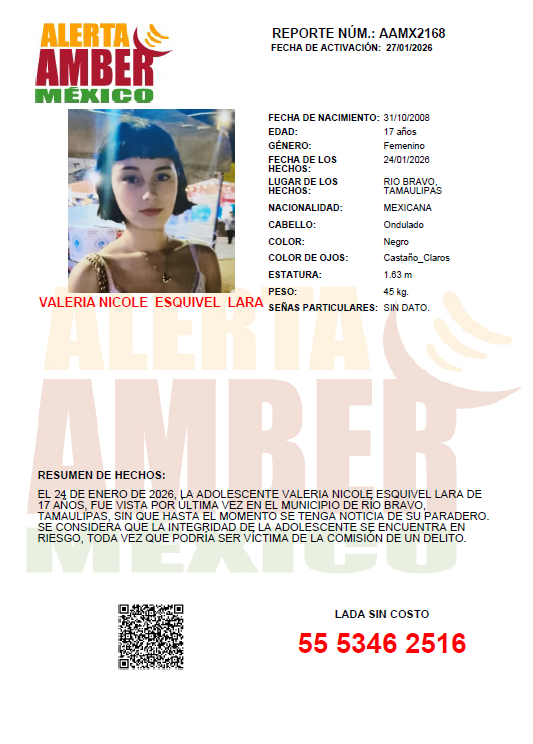 CAPUFE's tweet photo. #AlertaAMBER
Circunstancias: El 24 de enero de 2026, la adolescente VALERIA NICOLE ESQUIVEL LARA fue vista por última vez en el municipio de Río Bravo, Tamaulipas, sin que hasta el momento se tenga noticia de su paradero. Se considera que la integridad de la adolescente se encuentra en riesgo toda vez que puede ser víctima de la comisión de un delito.