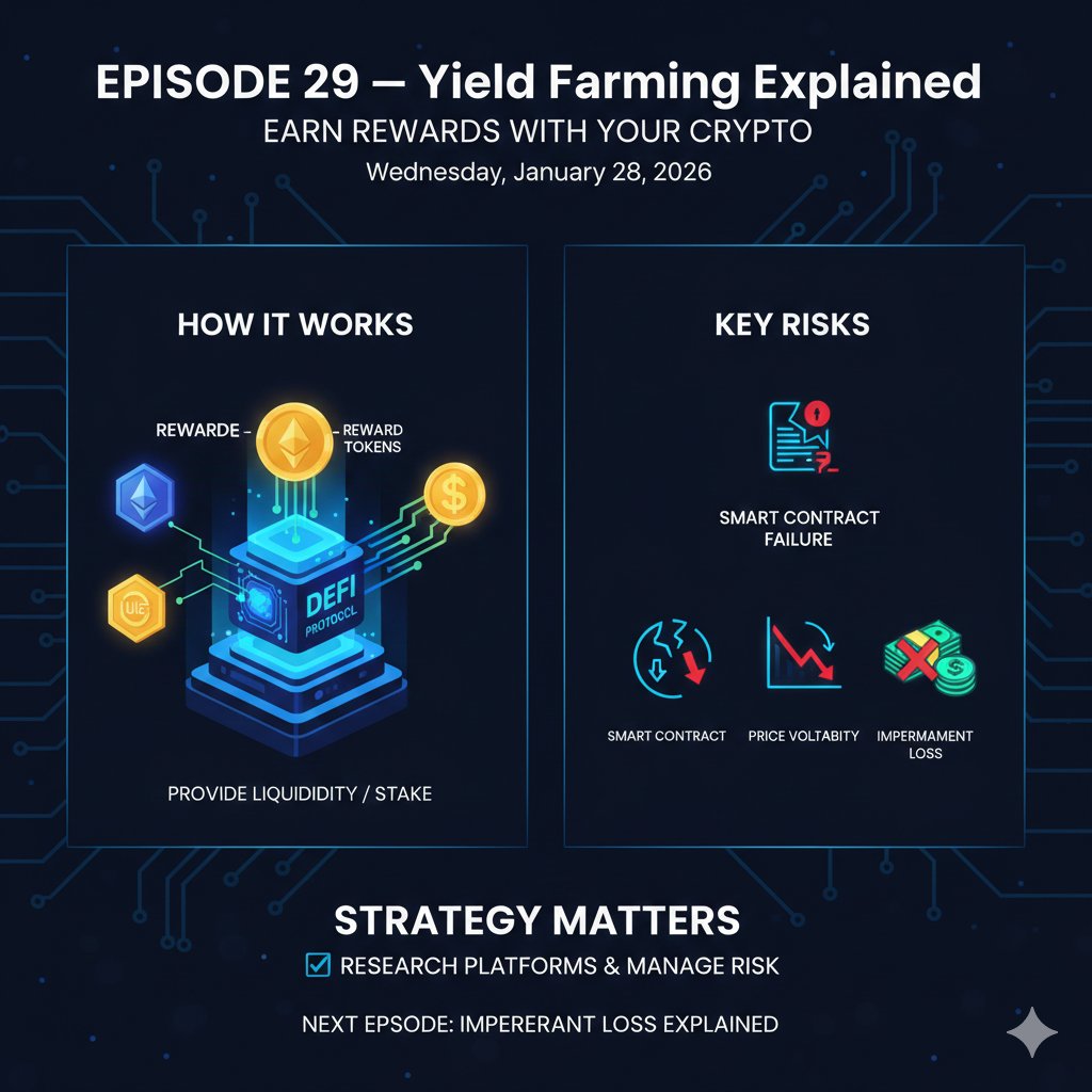 LEARNWEB3DAILY

EPISODE 28 

 Yield Farming Explained

Yield farming is a way to earn rewards with your crypto by putting it to work in DeFi platforms.

Instead of letting your assets sit idle, you provide liquidity, stake tokens, or participate in protocols that reward users for