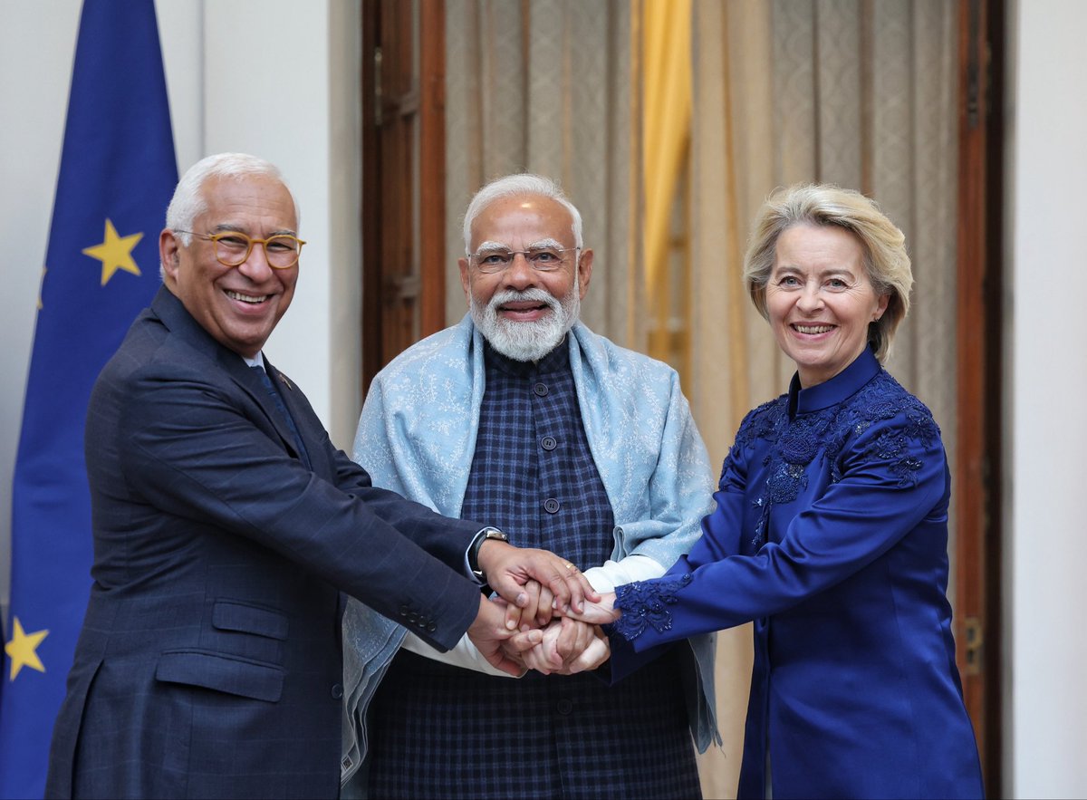 🇮🇳🇪🇺 At the 16th India–EU Summit, PM Narendra Modi and EU leaders advanced their strategic partnership, focusing on trade, clean energy, climate action, AI, security, research, and mobility.
<a href="/IndiainPoland/">India in Poland</a> 
<a href="/narendramodi/">Narendra Modi</a> 
<a href="/vonderleyen/">Ursula von der Leyen</a> 
<a href="/eucopresident/">António Costa</a>