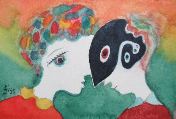 去年の1月28日に描いた絵『ごっちん田沼と夜仮面』水彩紙、透明水彩