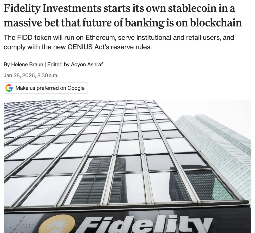 thinkingcrypto's tweet image. HUGE NEWS!

Fidelity Investments starts its own stablecoin. The FIDD token will run on Ethereum, serve institutional and retail users, and comply with the new GENIUS Act’s reserve rules.

#ethereum #fidelity #stablecoin