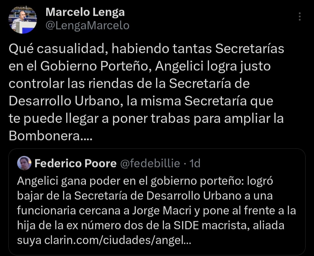 bocanet12's tweet image. 📲 REPROCHE DIRIGENCIAL A DANIEL ANGELICI

🚨 El vicepresidente de la Asamblea de Representantes de #Boca 🇸🇪, Marcelo Lenga, cargó en sus redes sociales contra el ex presidente del club

🏟 En su repudio, Lenga apuntó al nuevo rol del empresario en la Secretaría de Desarrollo