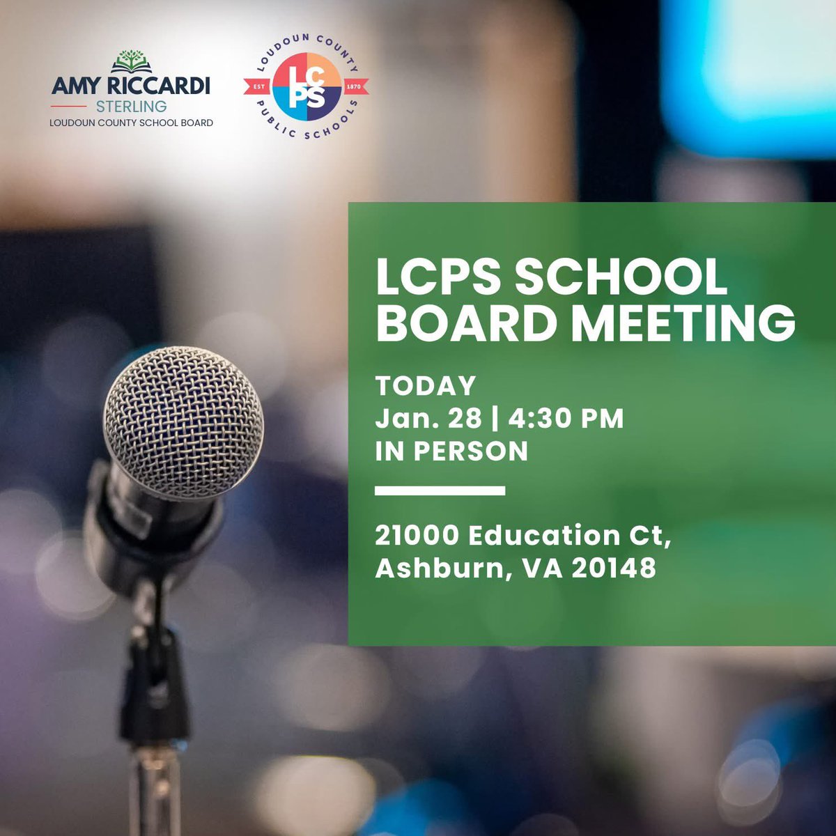 LCPS School Board meeting today! Details below ⬇️