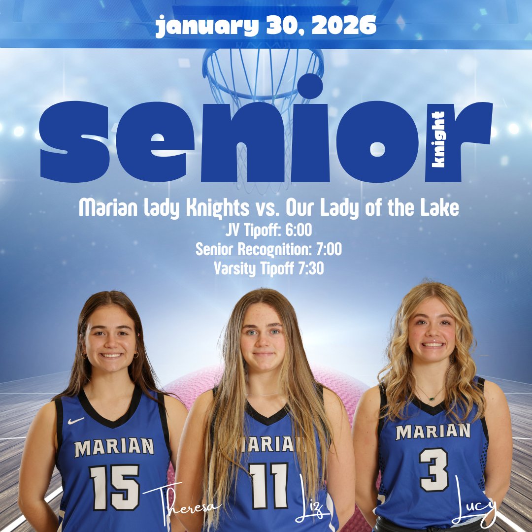 💗🏀 Pink Out Night! 🏀💗
Celebrate our seniors &amp; welcome our ICCL friends as Marian takes on Our Lady of the Lake!
🗓 Friday, Jan. 30
⏰ JV 6:00 | ICCL Night Registration 6:30 | Senior Night 7:00 | Varsity 7:30
🎉 Halftime activities &amp; prizes

💗 Wear PINK &amp; pack the gym!