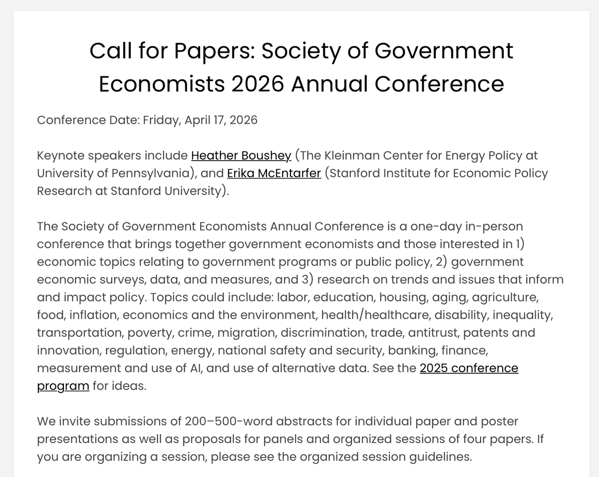 jenniferdoleac's tweet photo. The Society of Government Economists annual conference (April 17 in DC) doesn't typically include research on crime and the CJ system - but organizers would like to change this! 

Send them your research. Deadline: Feb 13. https://t.co/EjMmSiI3CW