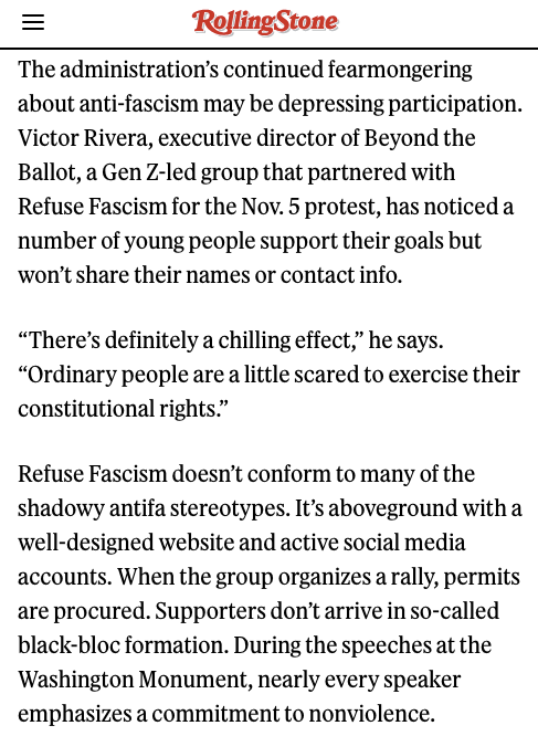 RollingStone's tweet photo. “That [the Trump administration is] seizing on the assassination of Charlie Kirk to further demonize and criminalize any opposition is out of the fascist playbook,” says Refuse Fascism leader and co-founder Sunsara Taylor.

Story: https://t.co/ngtTgHEs9k https://t.co/cXJtzw3Wxf